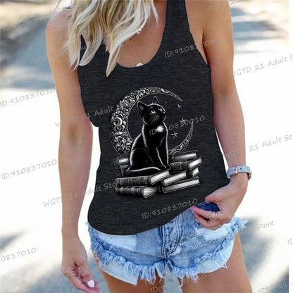 Women's Vintage Cat Books Clothing Summer Casual Loose Reading Club Members Vests Fashion Bookishness Sleeveless Tank Top