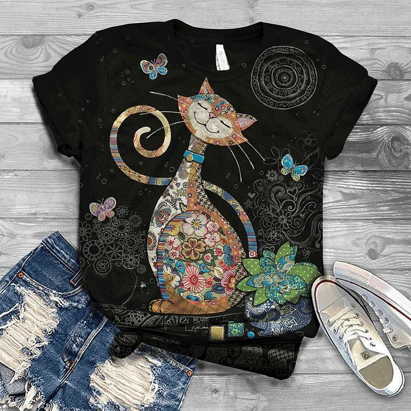 Cat Short Sleeve Cartoon Cat Women's T-Shirt Summer Fashion 3d Cartoon Women Clothing T Shirt For Women Daily Casual Top Tee