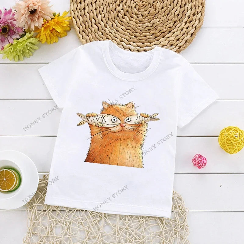 Cats Kids T Shirt Personalized Cartoon Cat Print Fashion Children's T-shirt Short Sleeve Children's Summer Boys Clothes Tops Tee