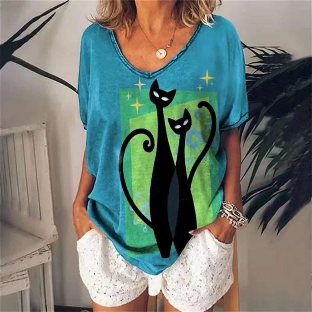Cartoon Anime Cat Women's T-Shirts Fashion Top Tee 3d T-Shirt Harajuku Casual Short Sleeve V-Neck Oversized Female Clothing