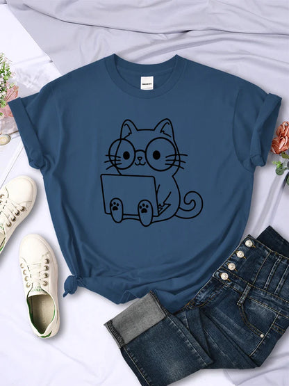 Careful Study Of Work Cat Sketches Women T-Shirt Personality Trend Casual Tee Clothing Street Creative Tops Female Short Sleeve