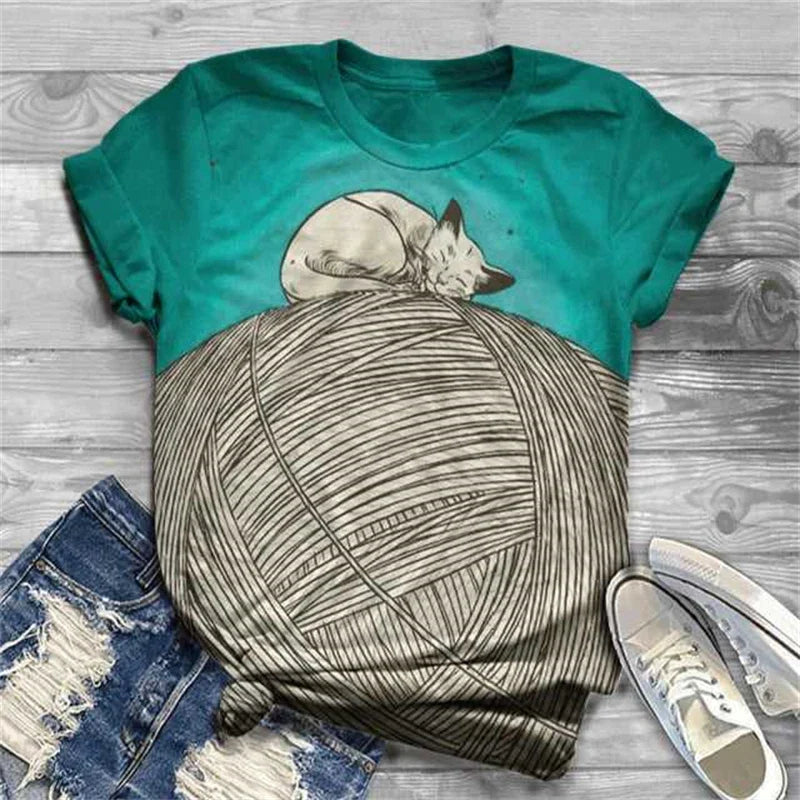Cat Short Sleeve Cartoon Cat Women's T-Shirt Summer Fashion 3d Cartoon Women Clothing T Shirt For Women Daily Casual Top Tee