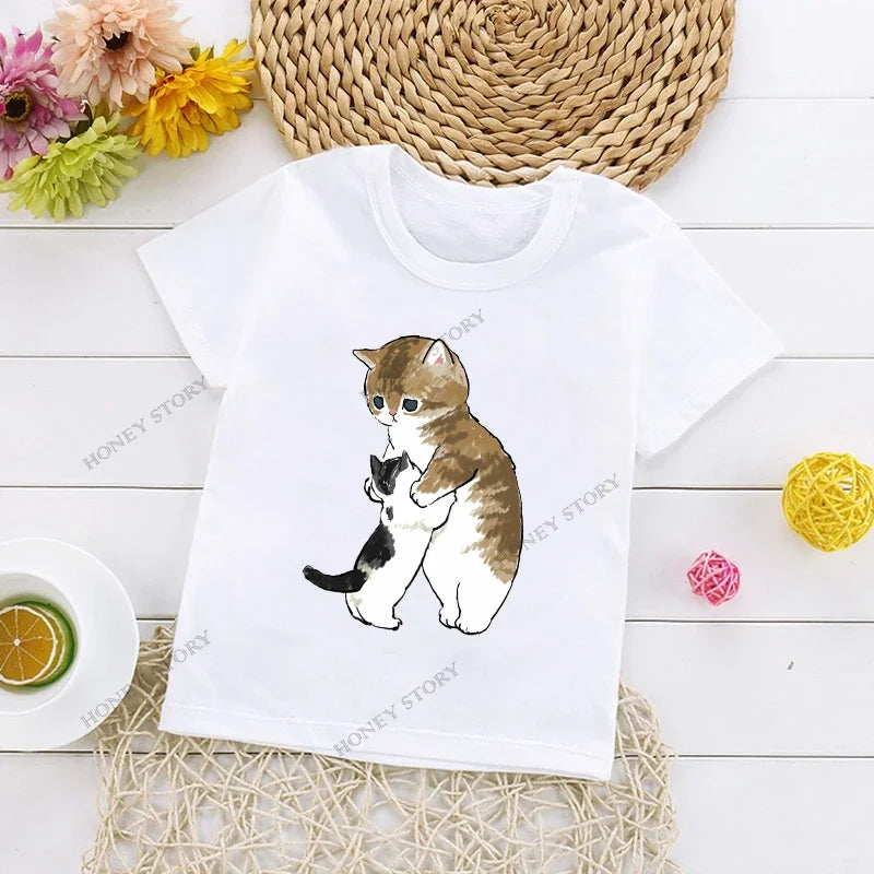 Cats Kids T Shirt Personalized Cartoon Cat Print Fashion Children's T-shirt Short Sleeve Children's Summer Boys Clothes Tops Tee