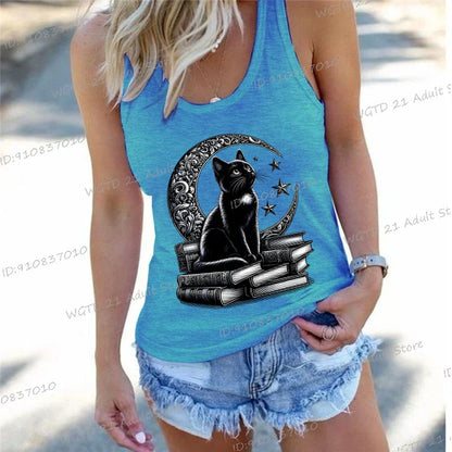 Women's Vintage Cat Books Clothing Summer Casual Loose Reading Club Members Vests Fashion Bookishness Sleeveless Tank Top