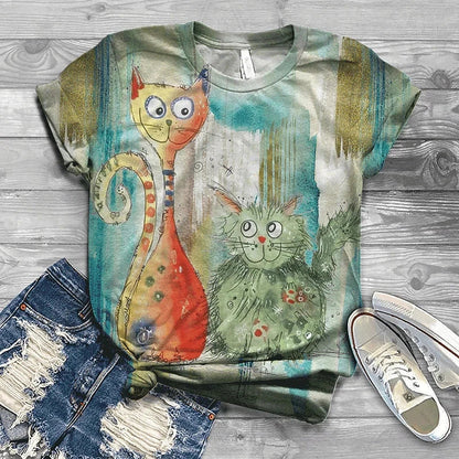 Cat Short Sleeve Cartoon Cat Women's T-Shirt Summer Fashion 3d Cartoon Women Clothing T Shirt For Women Daily Casual Top Tee
