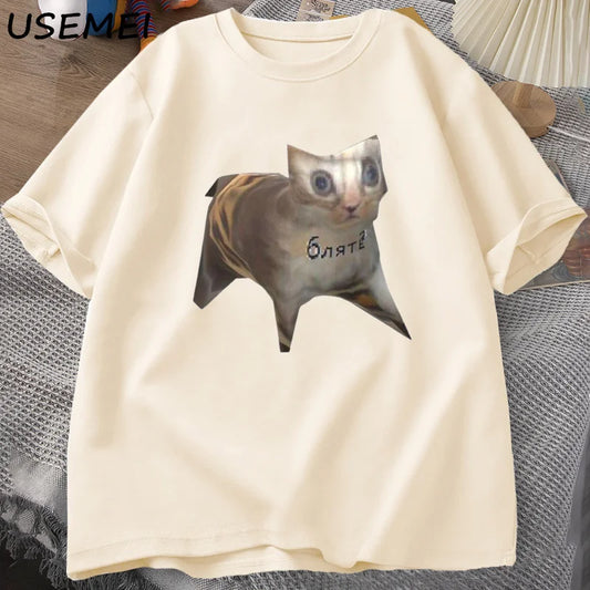 Russian Cat Meme T-shirts Funny Graphic Print Cat T Shirt Women Men Casual Cotton T-shirt Unisex Oversized Tee Shirt Man Clothes