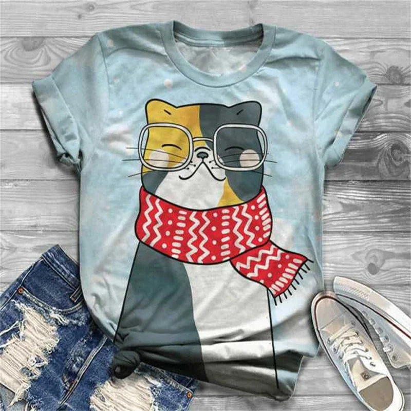 Cat Short Sleeve Cartoon Cat Women's T-Shirt Summer Fashion 3d Cartoon Women Clothing T Shirt For Women Daily Casual Top Tee