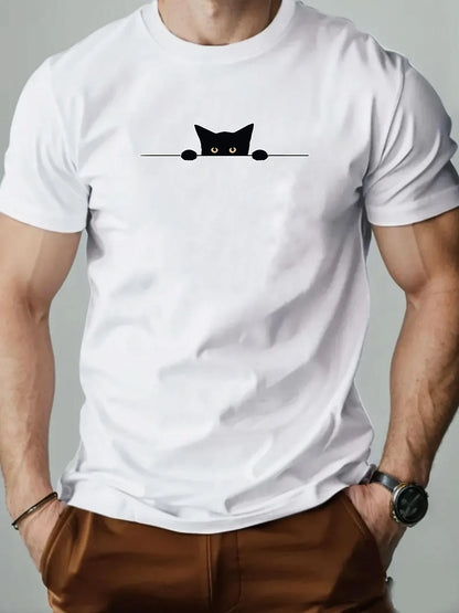 Cat Men T Shirt 100% Cotton Shy Kitten Cartoon Pattern Print Summer Round Neck Breathable Casual Short Sleeve Fashion T-Shirt