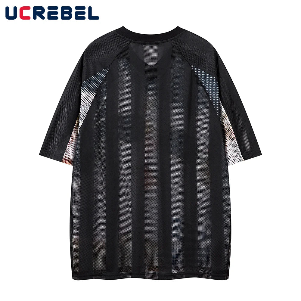 Cat Print Short Sleeve T-shirt Mens Summer Retro High Street Loose Raglan Half-Sleeve V-neck Breathable Mesh Tshirt Men