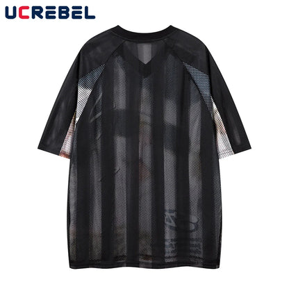 Cat Print Short Sleeve T-shirt Mens Summer Retro High Street Loose Raglan Half-Sleeve V-neck Breathable Mesh Tshirt Men