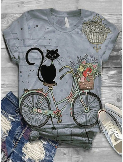 Cat Short Sleeve Cartoon Cat Women's T-Shirt Summer Fashion 3d Cartoon Women Clothing T Shirt For Women Daily Casual Top Tee