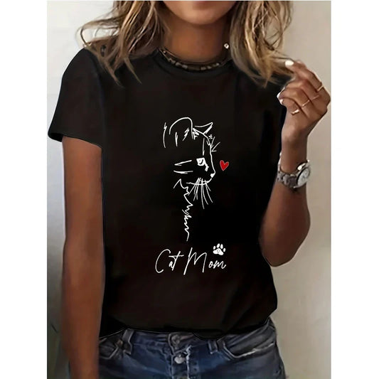Women's Cat Mom Print Short Sleeve T Shirt 90s Casual Gothic Crew Neck Tees Tops All Seasons Women Cat Face Y2k Tshirt Clothes