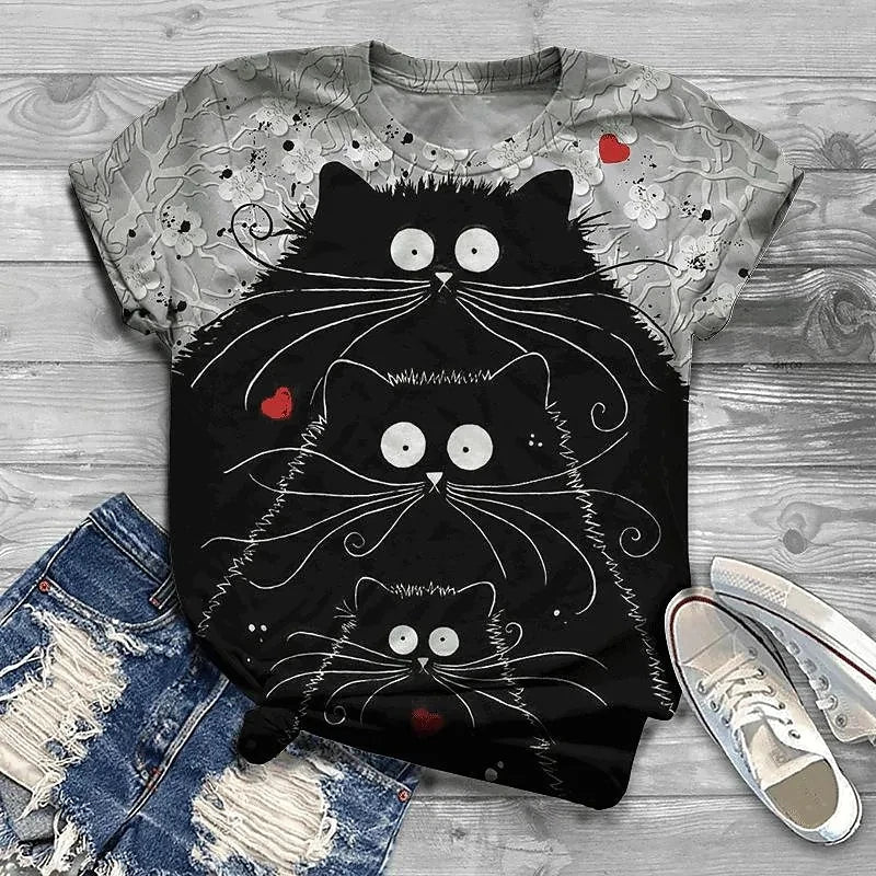 Cat Short Sleeve Cartoon Cat Women's T-Shirt Summer Fashion 3d Cartoon Women Clothing T Shirt For Women Daily Casual Top Tee