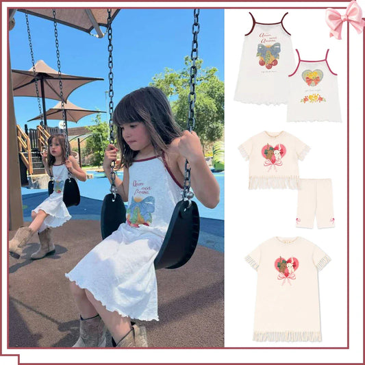 Summer 2025 KS Children Clothes Set Girls Cute Cat Print Tassels T-shirts Shorts Suit Kids Thin Soft Sling Dresses Girl Clothing