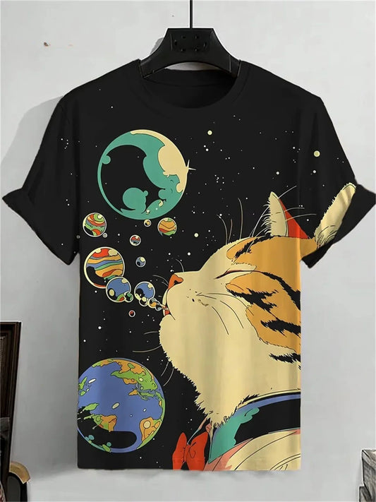 Cat Pattern Men T-Shirt 3D Print Funny Animal Short Sleeve T-Shirt Oversized Top Loose and Comfortable Halloween Atmosphere