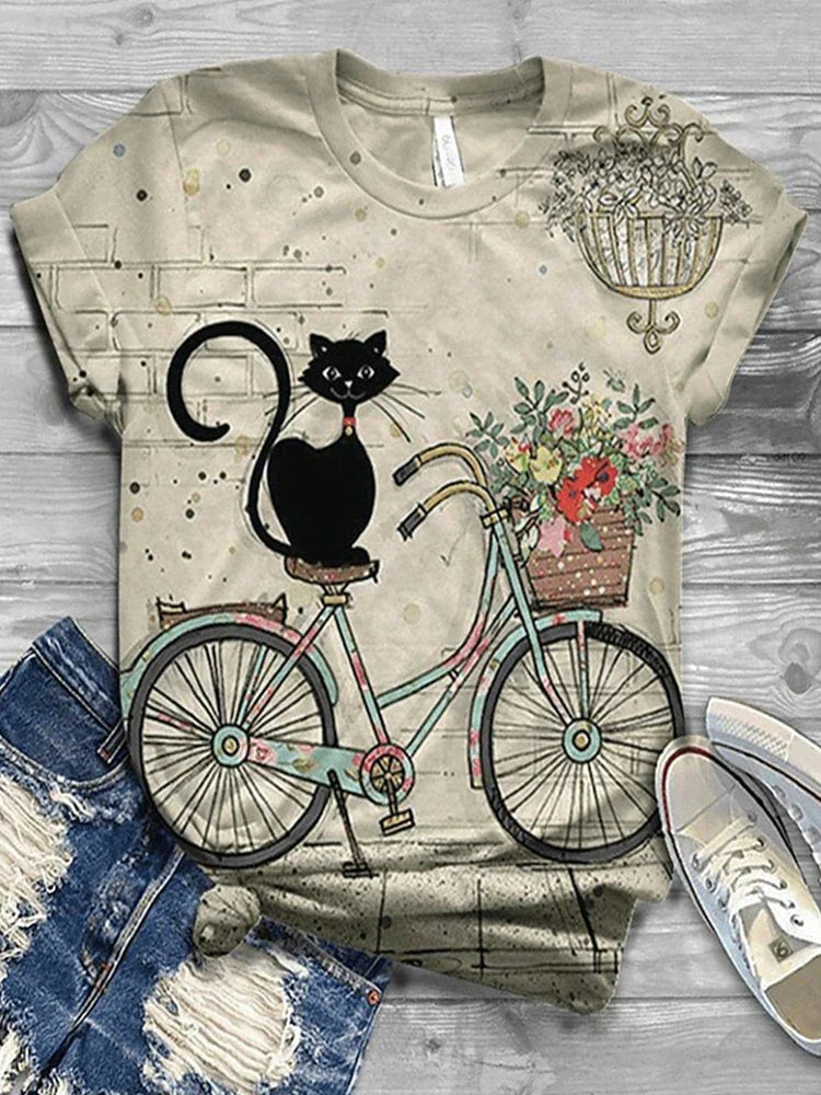 Cat Short Sleeve Cartoon Cat Women's T-Shirt Summer Fashion 3d Cartoon Women Clothing T Shirt For Women Daily Casual Top Tee