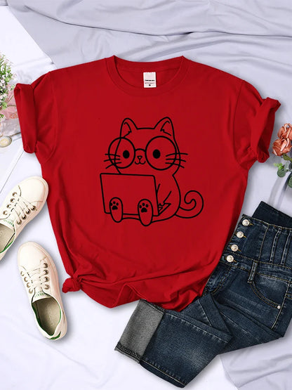 Careful Study Of Work Cat Sketches Women T-Shirt Personality Trend Casual Tee Clothing Street Creative Tops Female Short Sleeve